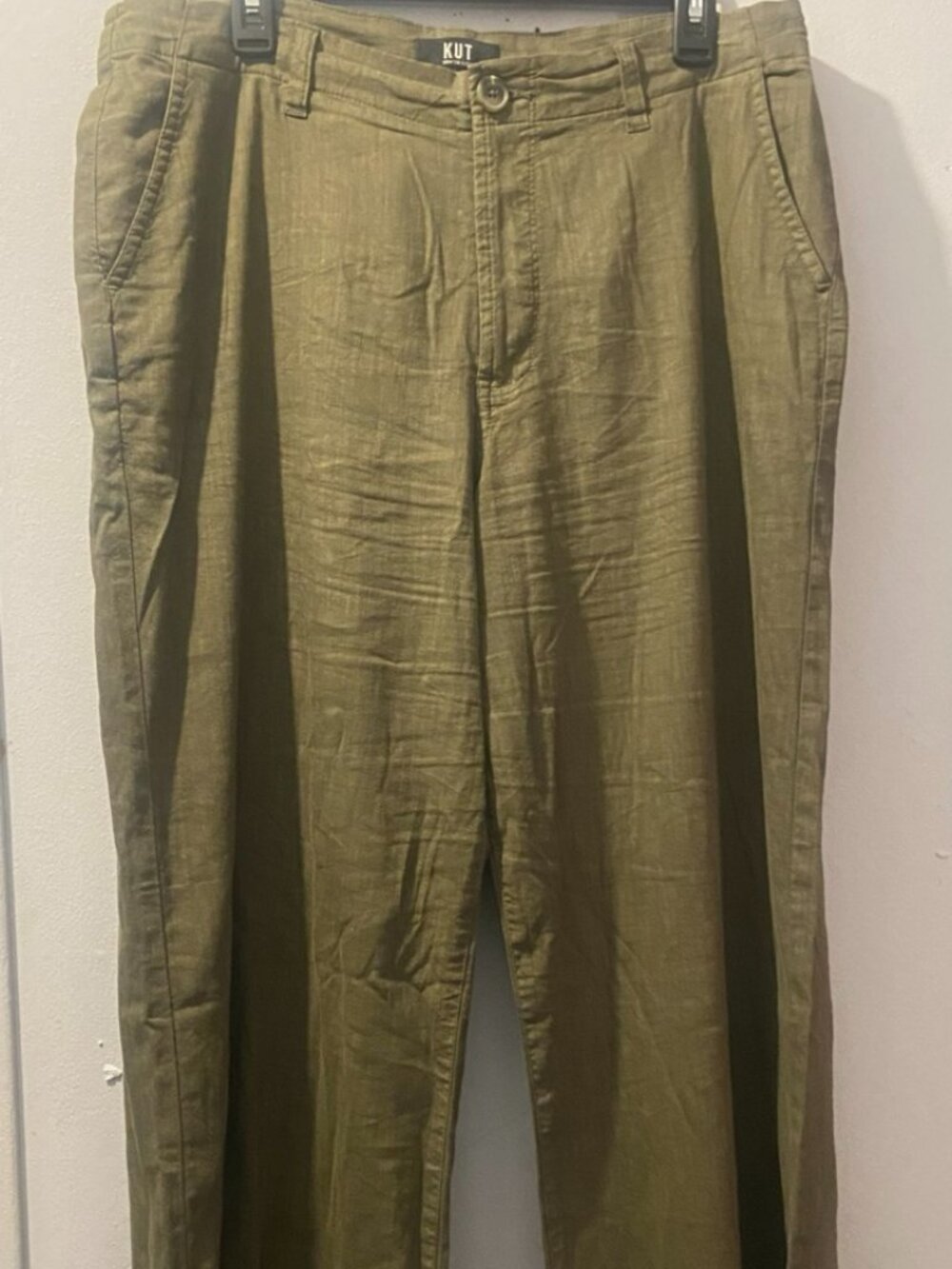 KUT From The Kloth Olive Green Linen Blend Relaxed Straight Leg Pants Size 12 - Picture 2 of 9